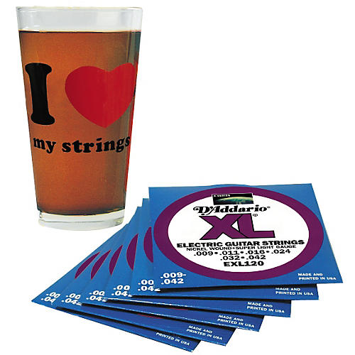 EXL120 6-Pack of Electric Guitar Strings with D'Addario Pint Glass