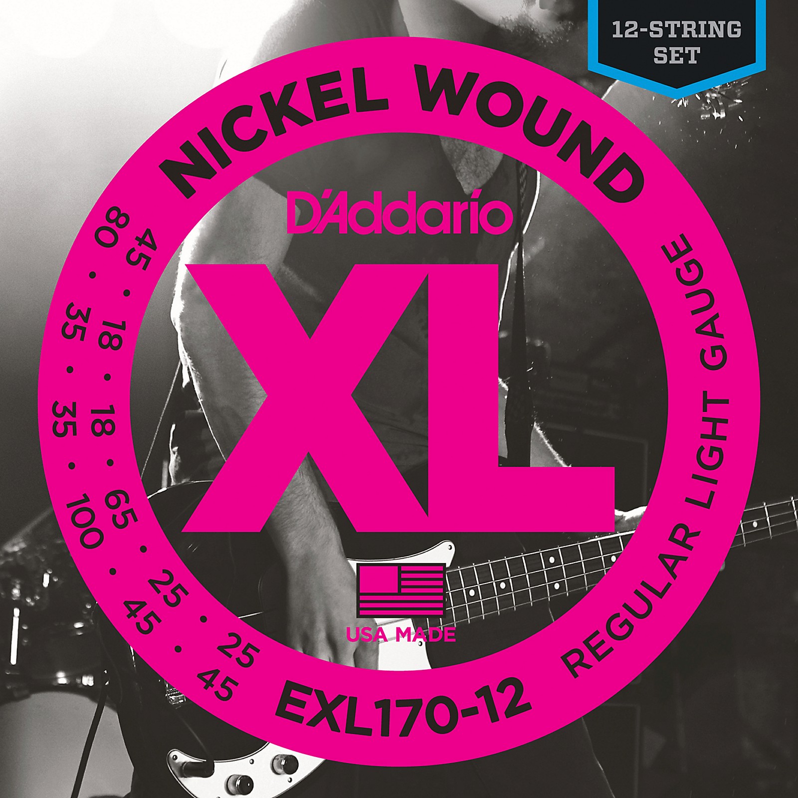 D'Addario EXL17012 XL Light Long Scale 12String Nickel Electric Bass