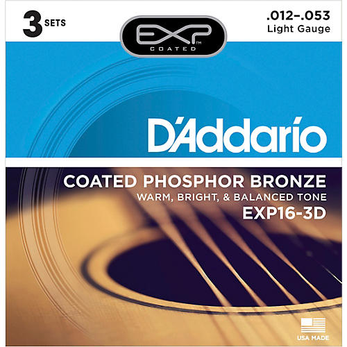 EXP16-3D Coated Phosphor Bronze Light Acoustic Guitar Strings 3-Pack