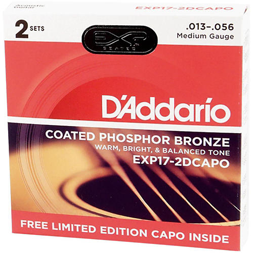 EXP17 Phosphor Bronze Acoustic Guitar Strings Medium 2-Pack with Free Capo