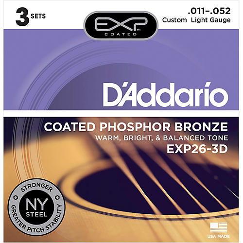 EXP26-3D Coated Phosphor Bronze Custom Light Acoustic Guitar String 3-Pack
