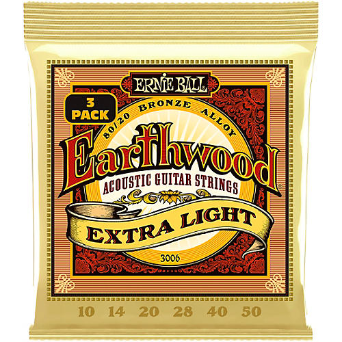 Ernie Ball Earthwood Extra Light 80/20 Bronze Acoustic Guitar Strings 3-Pack 10 - 50