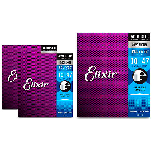 Elixir Extra Light Polyweb Acoustic Guitar Strings 3 Pack