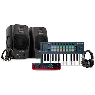 Novation FLkey 2 Keyboard Controller With Focusrite 2i2 USB Audio Interface & Adam Audio D3V 3" Studio Monitor Pair Package (Cables & Headphones Included) -
