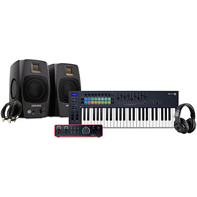 Novation FLkey Keyboard Controller With Focusrite 2i2 USB Audio Interface & Adam Audio D3V 3" Studio Monitor Pair Package (Cables & Headphones Included) -