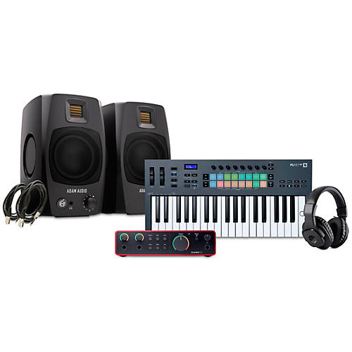 Novation FLkey Keyboard Controller with Focusrite 2i2 USB Audio Interface and Adam Audio D3V 3-inch Studio Monitor Pair Package (Cables & Headphones Included) 37 Key Package