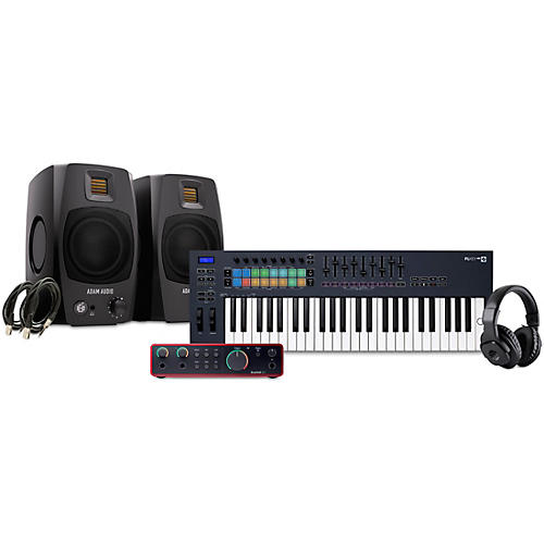 Novation FLkey Keyboard Controller with Focusrite 2i2 USB Audio Interface and Adam Audio D3V 3-inch Studio Monitor Pair Package (Cables & Headphones Included) 49 Key Package