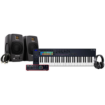 Novation FLkey Keyboard Controller with Focusrite 2i2 USB Audio Interface and Adam Audio D3V 3-inch Studio Monitor Pair Package (Cables & Headphones Included)