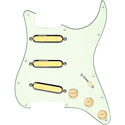 920d Custom Gold Foil Loaded Pickguard For Strat With Aged White Pickups and Knobs and S5W-BL-V Wiring Harness Mint Green