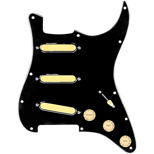 920d Custom Gold Foil Loaded Pickguard For Strat With Aged White Pickups and Knobs and S5W Wiring Harness Black