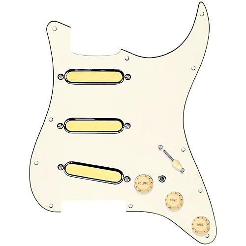 920d Custom Gold Foil Loaded Pickguard For Strat With Aged White Pickups and Knobs and S7W-MT Wiring Harness Parchment