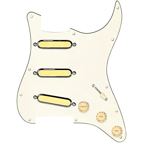 920d Custom Gold Foil Loaded Pickguard For Strat With Aged White Pickups and Knobs and S7W Wiring Harness Parchment