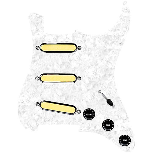 920d Custom Gold Foil Loaded Pickguard For Strat With Black Pickups and Knobs and S5W Wiring Harness White Pearl