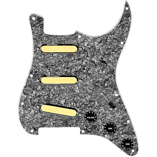 920d Custom Gold Foil Loaded Pickguard For Strat With Black Pickups and Knobs and S7W-MT Wiring Harness Black Pearl