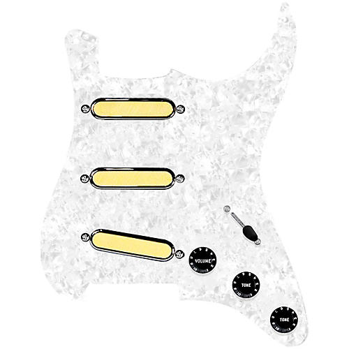 920d Custom Gold Foil Loaded Pickguard For Strat With Black Pickups and Knobs and S7W-MT Wiring Harness White Pearl
