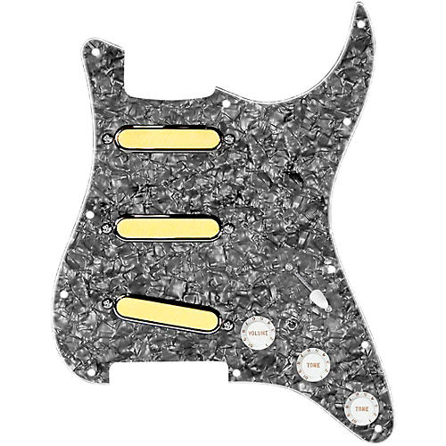 920d Custom Gold Foil Loaded Pickguard For Strat With White Pickups and Knobs and S7W-MT Wiring Harness Black Pearl