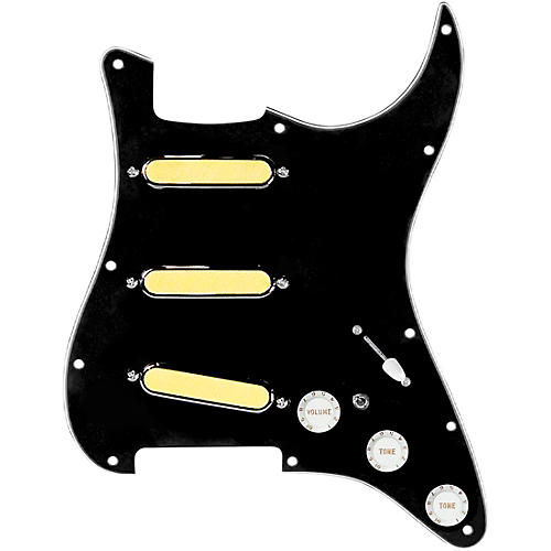 920d Custom Gold Foil Loaded Pickguard For Strat With White Pickups and Knobs and S7W-MT Wiring Harness Black