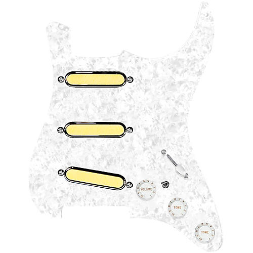 920d Custom Gold Foil Loaded Pickguard For Strat With White Pickups and Knobs and S7W-MT Wiring Harness White Pearl