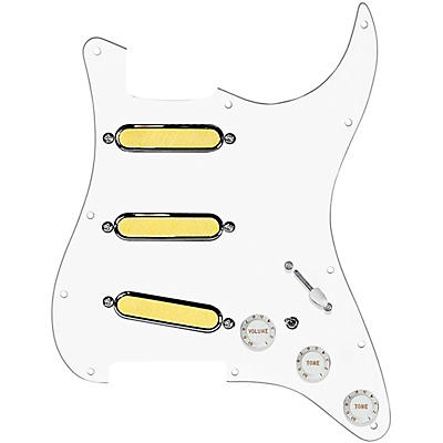 920d Custom Gold Foil Loaded Pickguard For Strat With White Pickups and Knobs and S7W-MT Wiring Harness