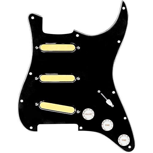 920d Custom Gold Foil Loaded Pickguard For Strat With White Pickups and Knobs and S7W Wiring Harness Black