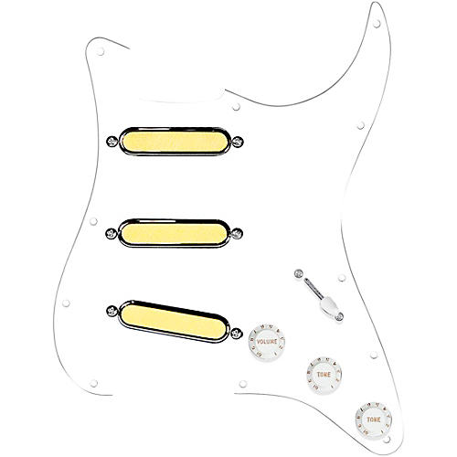 920d Custom Gold Foil Loaded Pickguard For Strat With White Pickups and Knobs and S7W Wiring Harness White