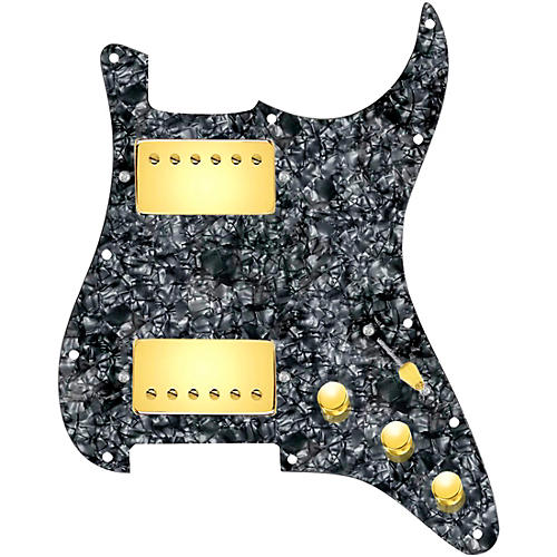 920d Custom HH Loaded Pickguard for Strat With Gold Cool Kids Humbuckers and S3W-HH Wiring Harness Black Pearl