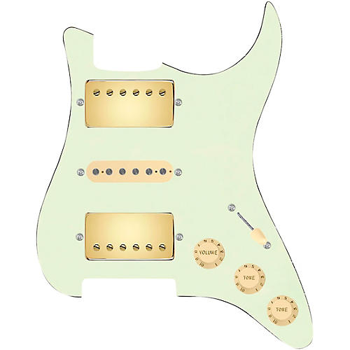 920d Custom HSH Loaded Pickguard for Stratocaster With Gold Smoothie Humbuckers, Aged White Texas Vintage Pickups and S5W-HSH Wiring Harness Mint Green