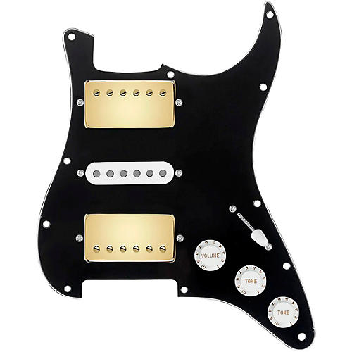 920d Custom HSH Loaded Pickguard for Stratocaster With Gold Smoothie Humbuckers, White Texas Vintage Pickups and S5W-HSH Wiring Harness Black