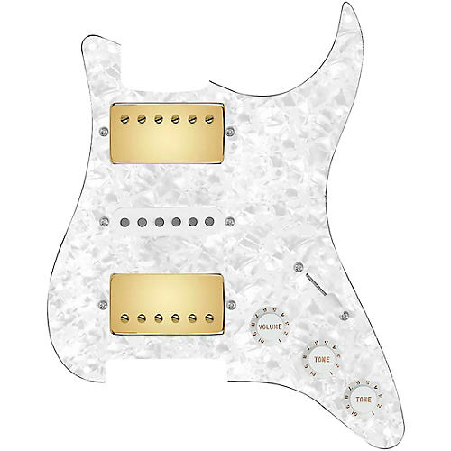 920d Custom HSH Loaded Pickguard for Stratocaster With Gold Smoothie Humbuckers, White Texas Vintage Pickups and S5W-HSH Wiring Harness White Pearl