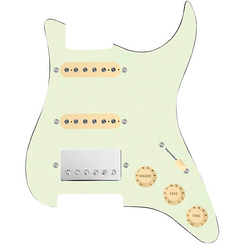 920d Custom HSS Loaded Pickguard For Strat With A Nickel Cool Kids Humbucker, Aged White Texas Grit Pickups and Black Knobs Mint Green