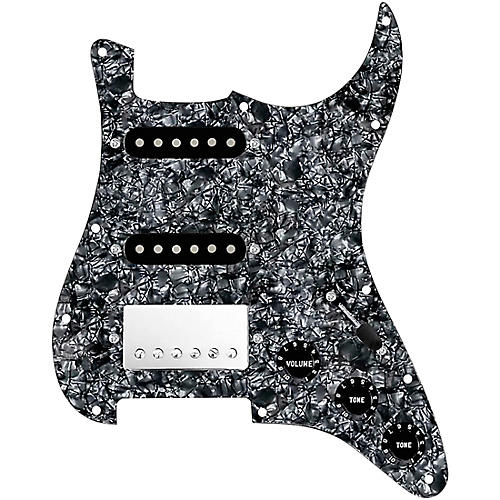 920d Custom HSS Loaded Pickguard For Strat With A Nickel Cool Kids Humbucker, Black Texas Grit Pickups and Black Knobs Black Pearl