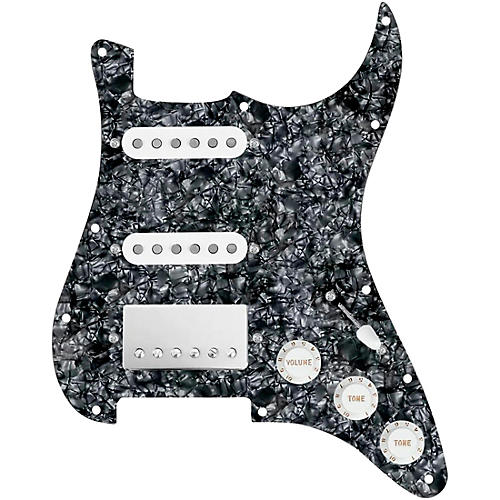 920d Custom HSS Loaded Pickguard For Strat With A Nickel Cool Kids Humbucker, White Texas Grit Pickups and Black Knobs Black Pearl