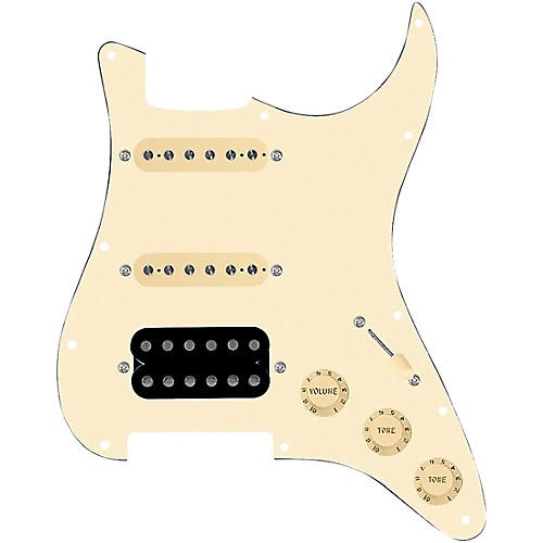 920d Custom HSS Loaded Pickguard For Strat With An Uncovered Cool Kids Humbucker, Aged White Texas Grit Pickups and Black Knobs Aged White