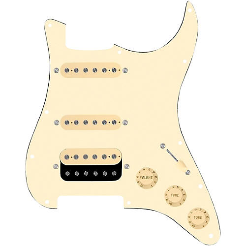 920d Custom HSS Loaded Pickguard For Strat With An Uncovered Roughneck Humbucker, Aged White Texas Growler Pickups and Black Knobs Aged White