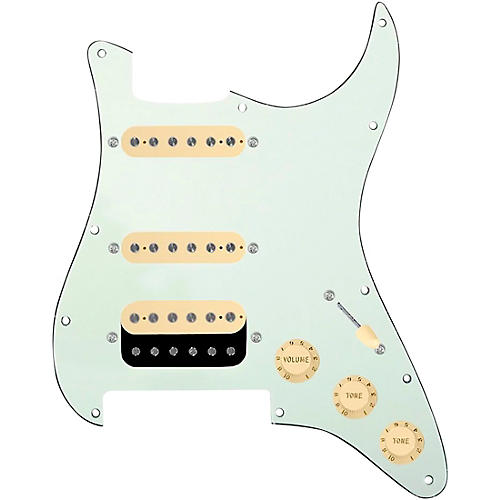920d Custom HSS Loaded Pickguard For Strat With An Uncovered Roughneck Humbucker, Aged White Texas Growler Pickups and Black Knobs Mint Green