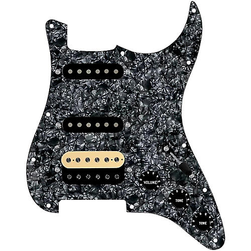 920d Custom HSS Loaded Pickguard For Strat With An Uncovered Roughneck Humbucker, Black Texas Growler Pickups and Black Knobs Black Pearl