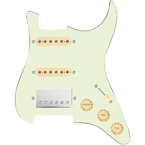 920d Custom HSS Loaded Pickguard for Strat With Nickel Cool Kids Humbucker, Aged White Texas Grit Pickups & Black Knobs Mint Green