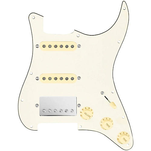 920d Custom HSS Loaded Pickguard for Strat With Nickel Cool Kids Humbucker, Aged White Texas Grit Pickups & Black Knobs Parchment
