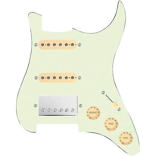 920d Custom HSS Loaded Pickguard for Strat With Nickel Smoothie Humbucker, Aged White Texas Vintage Pickups & Aged White Knobs Mint Green
