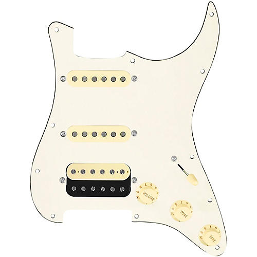 920d Custom HSS Loaded Pickguard for Strat With Uncovered Roughneck Humbucker, Aged White Texas Growler Pickups & Black Knobs Parchment