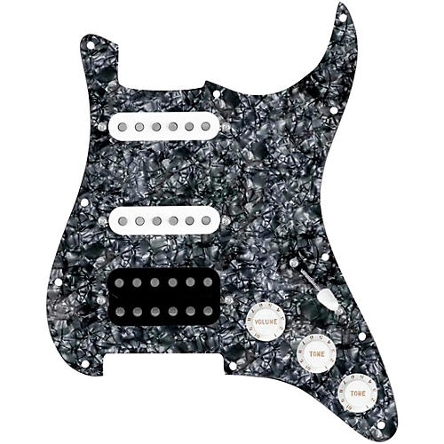 920d Custom HSS Loaded Pickguard for Strat With Uncovered Smoothie Humbucker, White Texas Vintage Pickups, White Knobs Black Pearl
