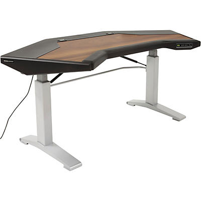 Argosy Halo G E Height Adjustable Desk with Mahogany Surface with Black End Panels, Mahogany Surface, and Silver Legs