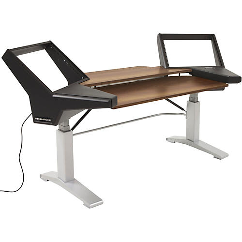Halo Keyboard Height Adjustable Desk with Black End Panels, Mahogany Surface, and Silver Legs