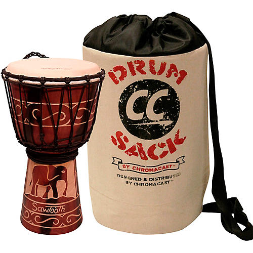 Sawtooth Harmony Series Hand-Carved Elephant Design Rope Djembe With ChromaCast Drum Sack 8 in.