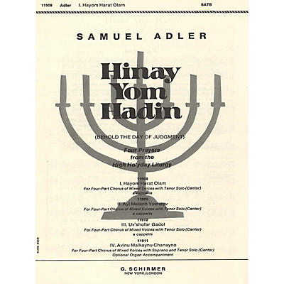 G. Schirmer Hayom Harat Olam A Cappella W/Tenor Solo(Cantor) SATB composed by S Adler