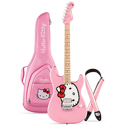 Fender Hello Kitty Stratocaster, Gig Bag and Leather Guitar Strap Bundle