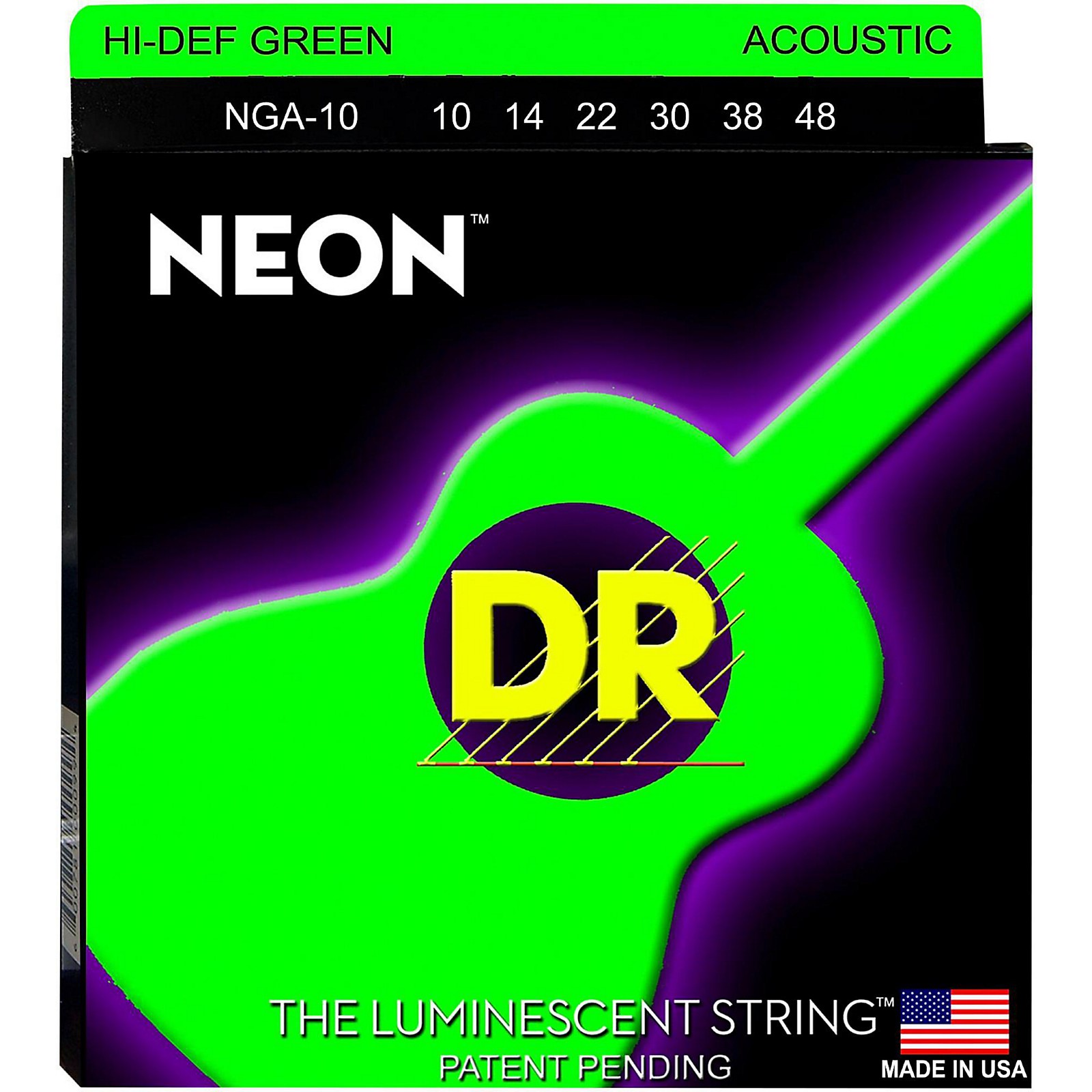 DR Strings HiDef NEON Green Coated Acoustic Guitar Strings Lite (1048