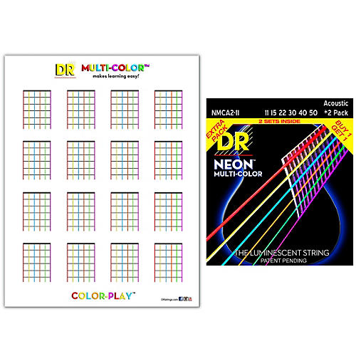 Hi-Def NEON Medium Light Acoustic String 2-Pack with Multi-Color Chord Chart Sheet