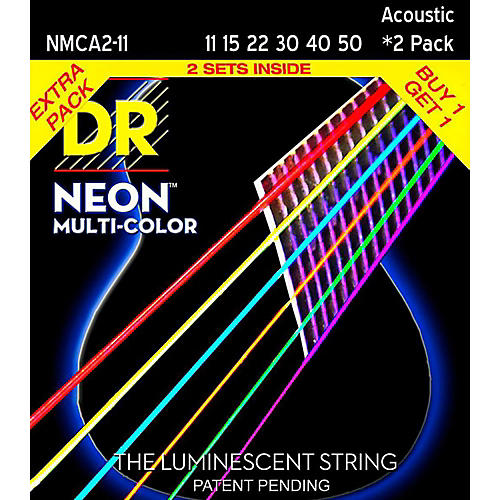 Hi-Def NEON Multi-Color Medium Light Acoustic Guitar Strings (11-50) 2 Pack