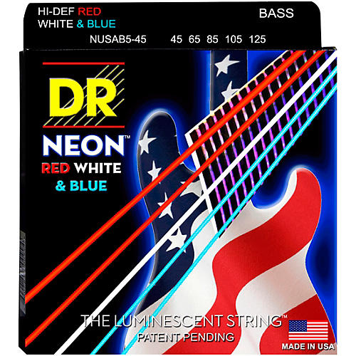 Hi-Def NEON Red, White & Blue Electric Medium 5-String Bass Strings